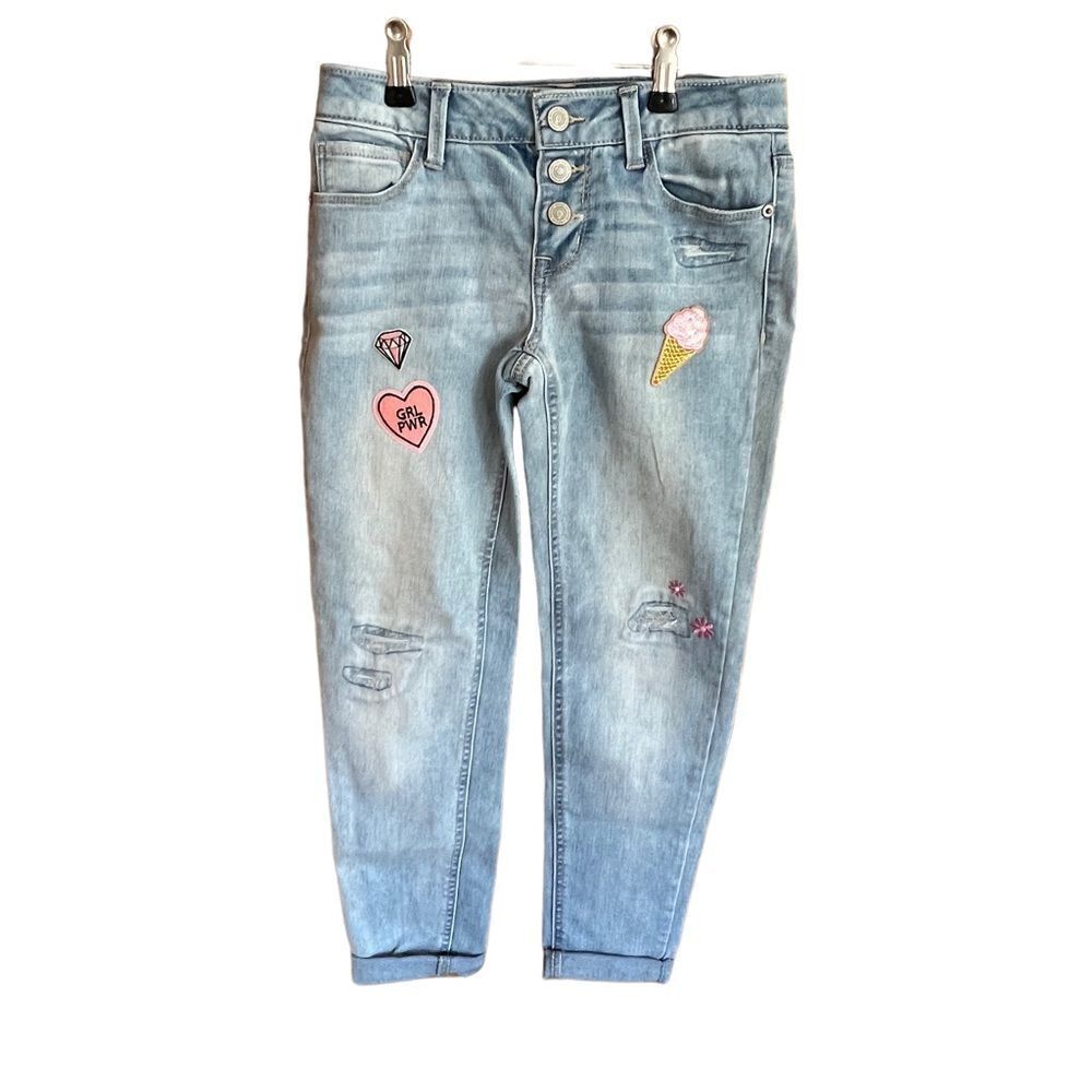 SO light wash boho jeans with patches girl’s size 10‎